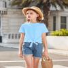 Arshiner Blue Crop Top with Tie Knot Front - Casual Girls Ruffle Shirt Loose Round Neck Tee view 4