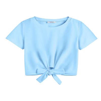 Arshiner Girls Blue T Shirt Short Sleeve Casual Shirts for Little Girls Tie Knot Front Girl Cute Fashion Summer Shirts