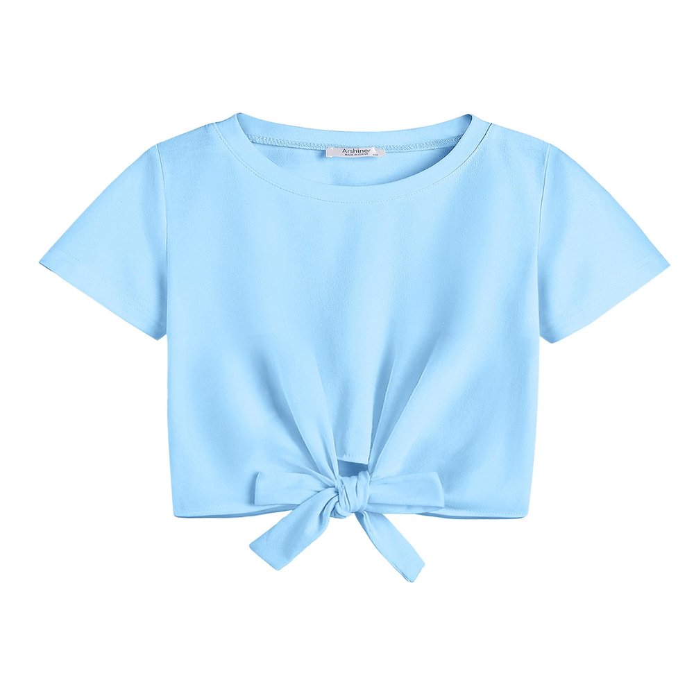 Arshiner Girls Blue T Shirt Short Sleeve Casual Shirts for Little Girls Tie Knot Front Girl Cute Fashion Summer Shirts