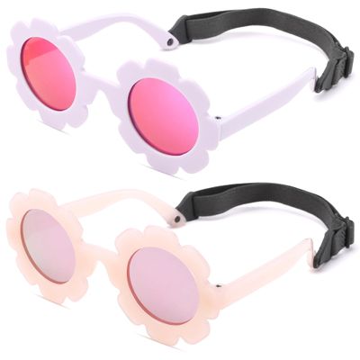 NULOOQ Polarized Baby Sunglasses with Strap Flexible Flower Shaped Sunglasses for Toddler & Infant Age 0-24 Months (Jelly Pink/Pink + Light Purple/Purple Red) - 2 Pack