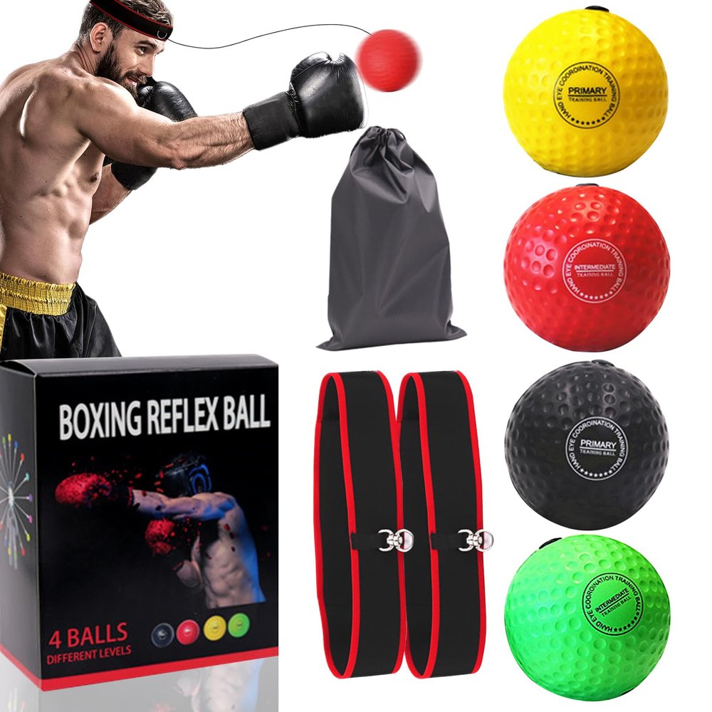 Zomhaos Boxing Reflex Ball Headband Set, Boxing Equipment, Include 4 Different Ball and 2 Adjustable Headband, 2&4 Ball Set Selection,Boxer Reflex Ball Gifts for Men & Kids (4)