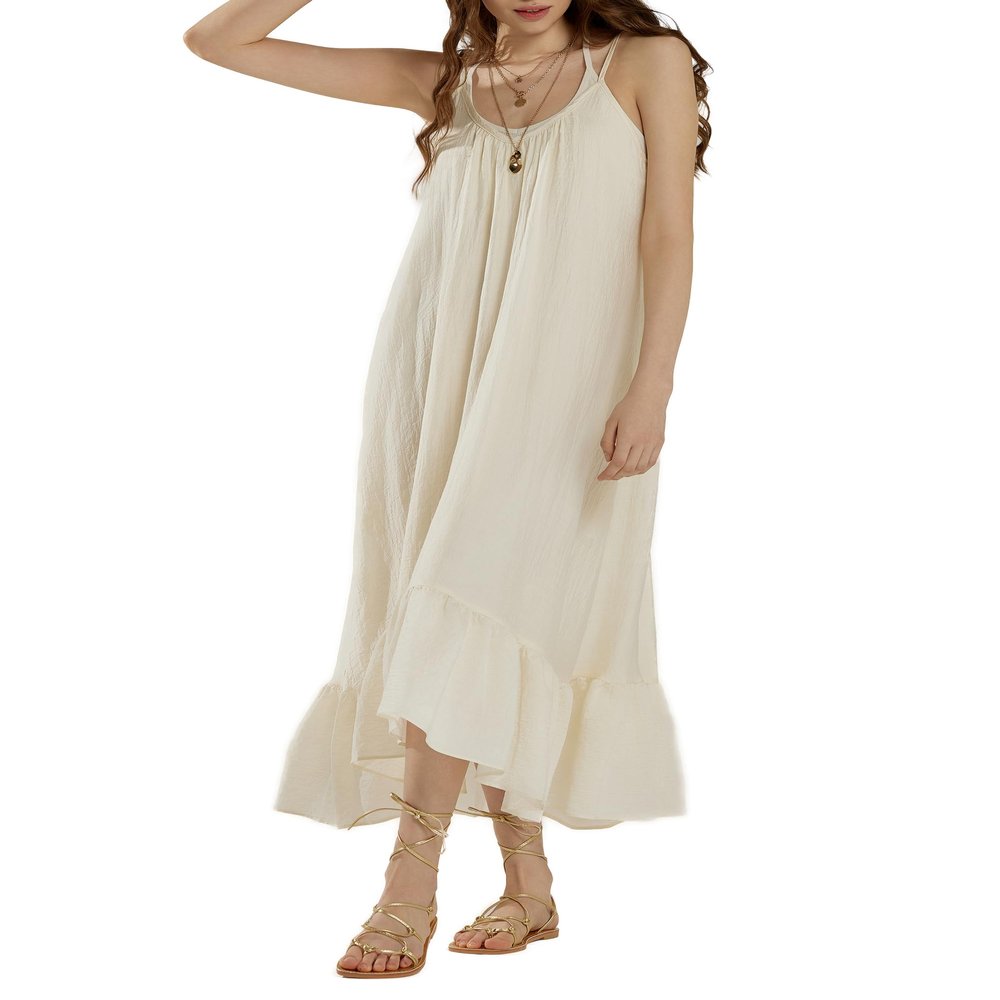 noflik Women's Waterfall Gatered Ruffle Low Back Maxi Dress(Cream, L)