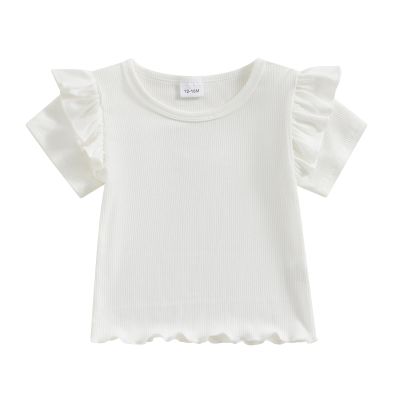 Baby Girls Short Sleeve T-Shirt Tee Ruffled Fly Sleeve Solid Basic Tops Infant Little Kids Outfit Casual Clothes (White 1, 4-5 Years)