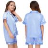 ALHAVONE Kids Girl Pajama Set with Headband Blindfold Hair Tie Toddler Boy Girl Satin Silky Button-up Pajama Sleepwear (Dusty Blue-short, 120) view 2