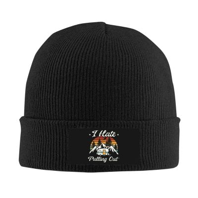 Camping I Hate Pulling Out Vintage Camper Trailer Beanie Hat Men Knit Hat Skull Cap Women Winter Slouchy Hat Black