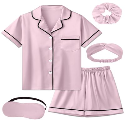 ALHAVONE Kids Girl Pajama Set with Headband Blindfold Hair Tie Toddler Boy Girl Satin Silky Button-up Pajama Sleepwear (Purplish pink-short, 160)