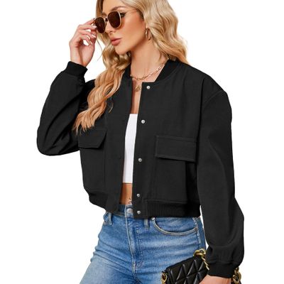 Zando Black Cropped Jacket Women - Black Bomber Jacket Women Short Button Down Womens Jackets for Womens with Pockets Long Sleeve Baseball Varsity Jackets for Daily Work Outdoor Travel Parties XL