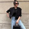 Zando Black Cropped Jacket Women - Black Bomber Jacket Women Short Button Down Womens Jackets for Womens with Pockets Long Sleeve Baseball Varsity Jackets for Daily Work Outdoor Travel Parties XL view 3