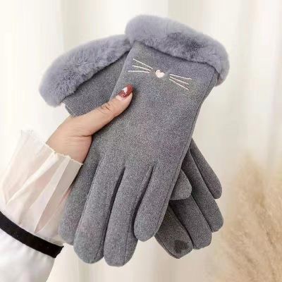 cegda Gloves Women's Winter Velvet Thickened Warm Cute Touch Screen Velvet Autumn and Winter Electric Vehicle Cold-Proof Riding Gloves Kitten Gray