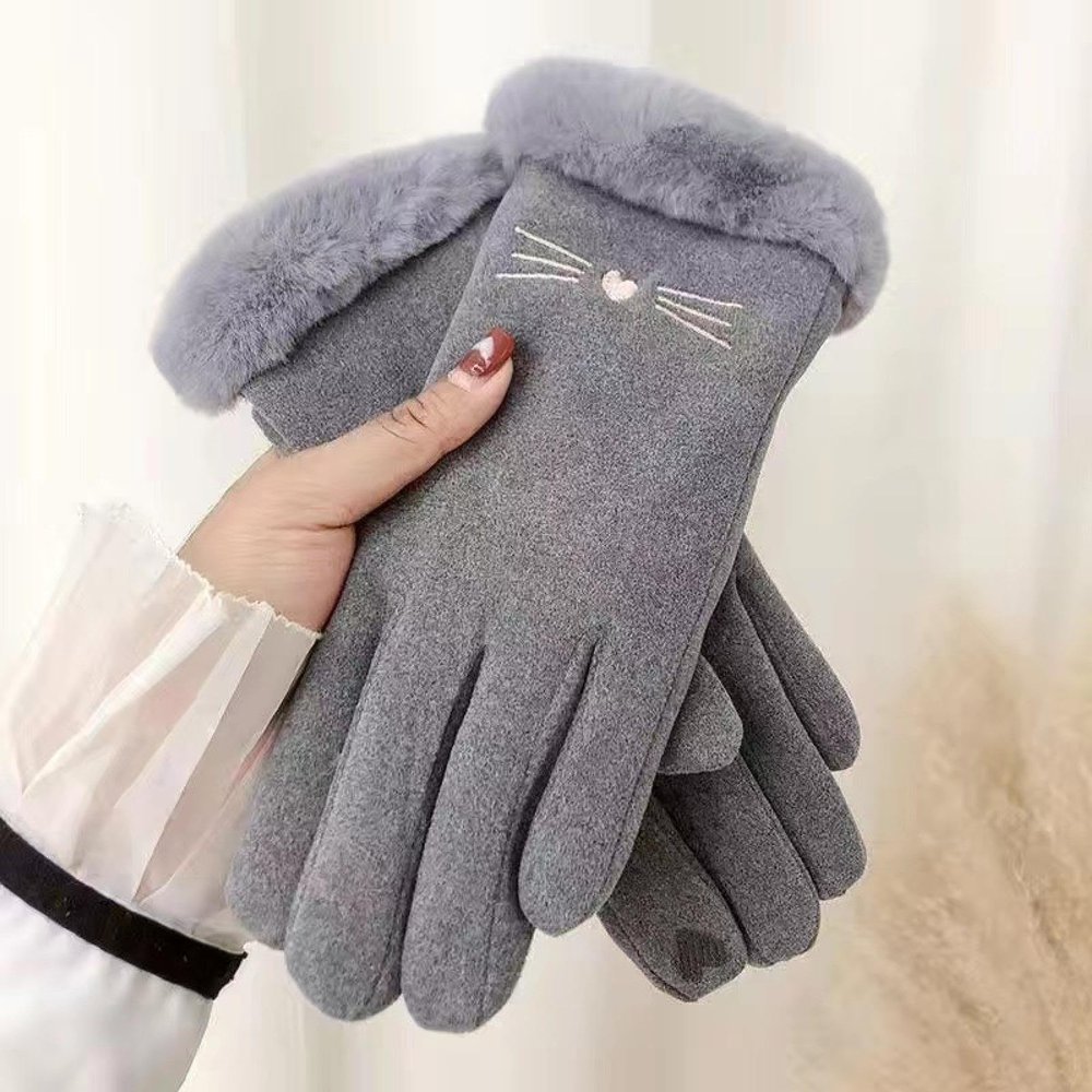 cegda Gloves Women's Winter Velvet Thickened Warm Cute Touch Screen Velvet Autumn and Winter Electric Vehicle Cold-Proof Riding Gloves Kitten Gray