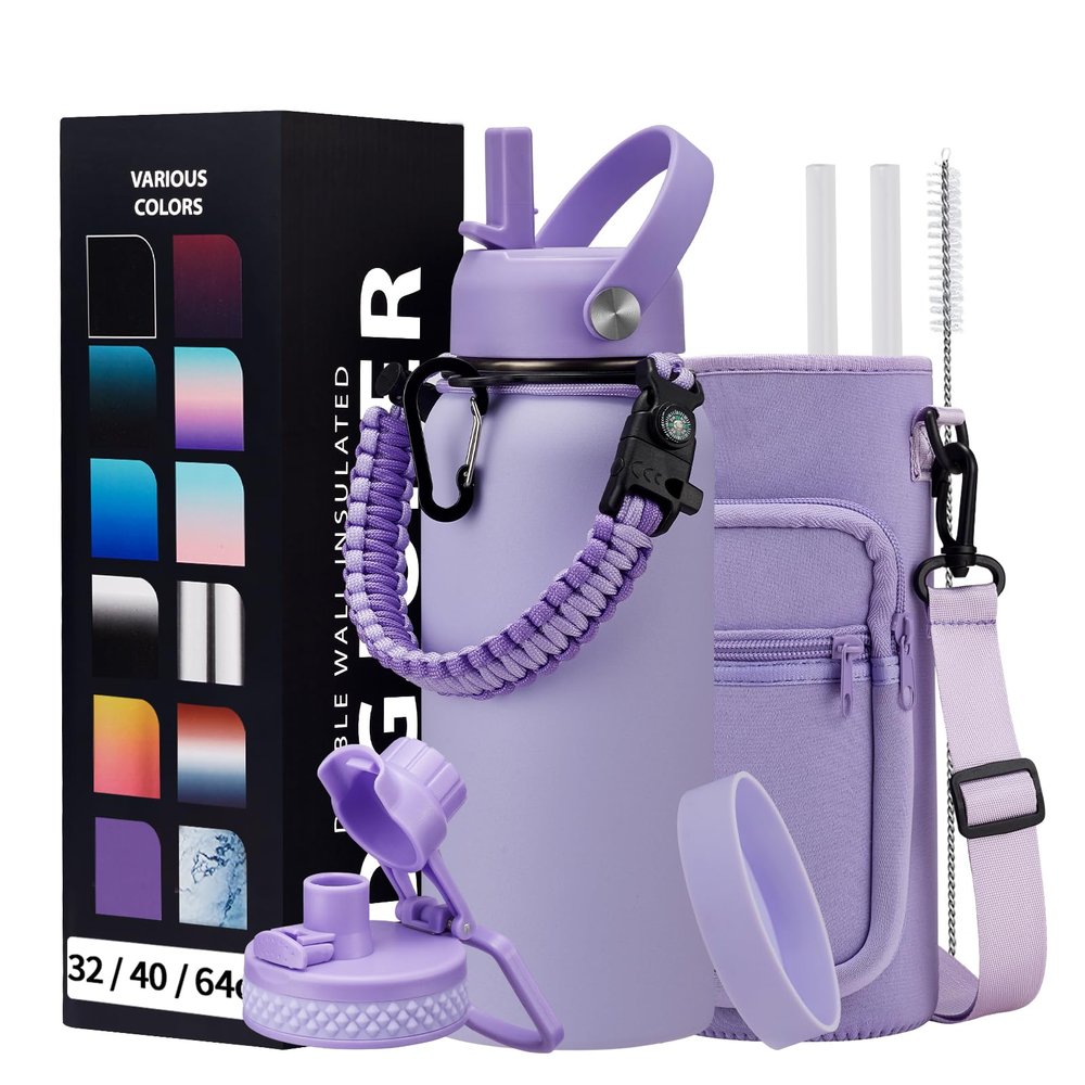 DIGJUPER Insulated Water Bottle 32 oz - with Straw & Pop-up Spout Lid, Paracord Handle, Carrier Shoulder Strap, Protective Boot, Wide Mouth Double Walled Vacuum Insulated Gym Water Bottle for Women