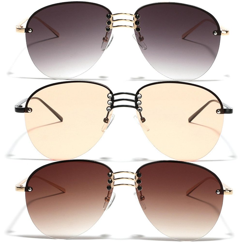 Vintage Rimless Alloy Pilot Sunglasses for Women 2024 Gradient Sun Glasses Female Metal Oval Shades Black Brown (3pcs-gray&orange&brown)