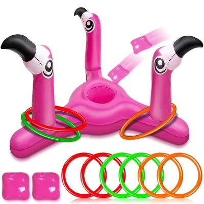 [ Bean Bag & Ring Toss ] Inflatable Flamingo Pool Toys Games Set 2-in-1 Floating Pool Rings Toss & Cornhole Summer Swimming Hawaii Luau Party Water Game for Adults Beach Backyard