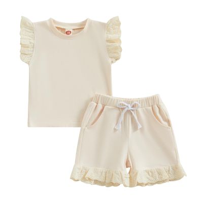 Lamuusaa Newborn Baby Girl Summer Clothes Lace Fly Sleeve T-shirt Tops Ruffle Solid Color Shorts Clothes Set 0-3T (Beige, 18-24 Months)