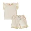 Lamuusaa Newborn Baby Girl Summer Clothes Lace Fly Sleeve T-shirt Tops Ruffle Solid Color Shorts Clothes Set 0-3T (Beige, 18-24 Months) view 1