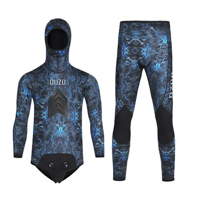 WYYHAA 3.5MM Neoprene Spearfishing Wetsuit with Hooded, 2 Pieces Camouflage Hunting Diving Suit with Loading Chest Pad for Cool Water Freediving Snorkeling Swimming,Blue,L