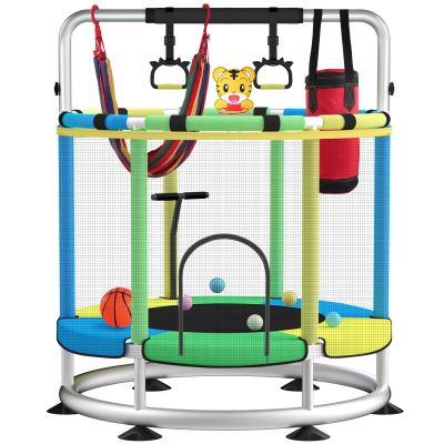 BLINWORLD Trampoline for Kids - 55" Adjustable Baby Toddler Trampoline with Basketball Hoop, Round Bottom Indoor Outdoor Toddler with Enclosure (Light Blue Green)