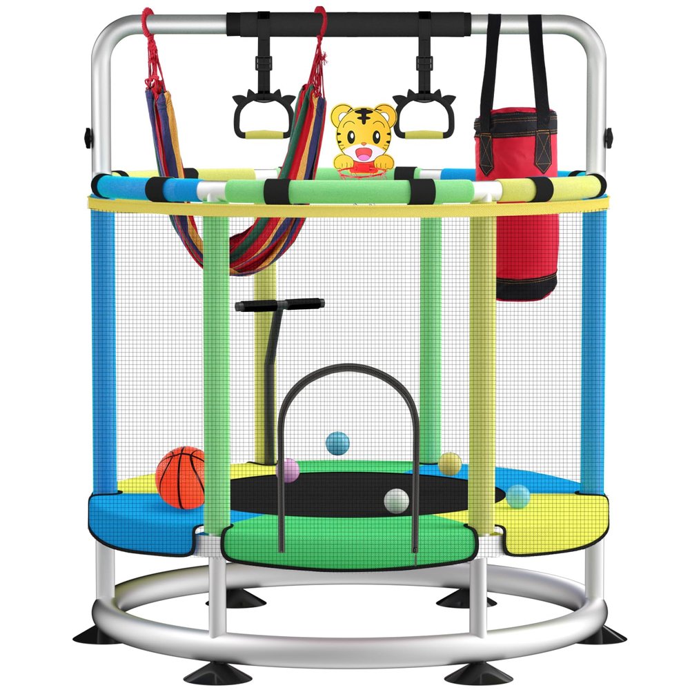 BLINWORLD Trampoline for Kids - 55" Adjustable Baby Toddler Trampoline with Basketball Hoop, Round Bottom Indoor Outdoor Toddler with Enclosure (Light Blue Green)