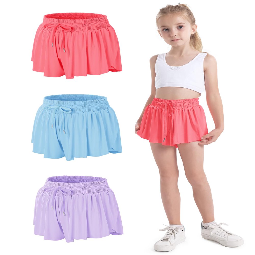 BOOPH 3PC Girls Flowy Butterfly Shorts Athletic Shorts Teen Girls with Inner Pockets for Running Tennis 5-6Y