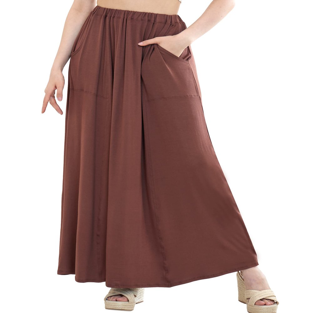 noflik Women's Boho Elastic High Waisted Flowy Long Maxi Skirt with Pockets(Chocolate,XXL)