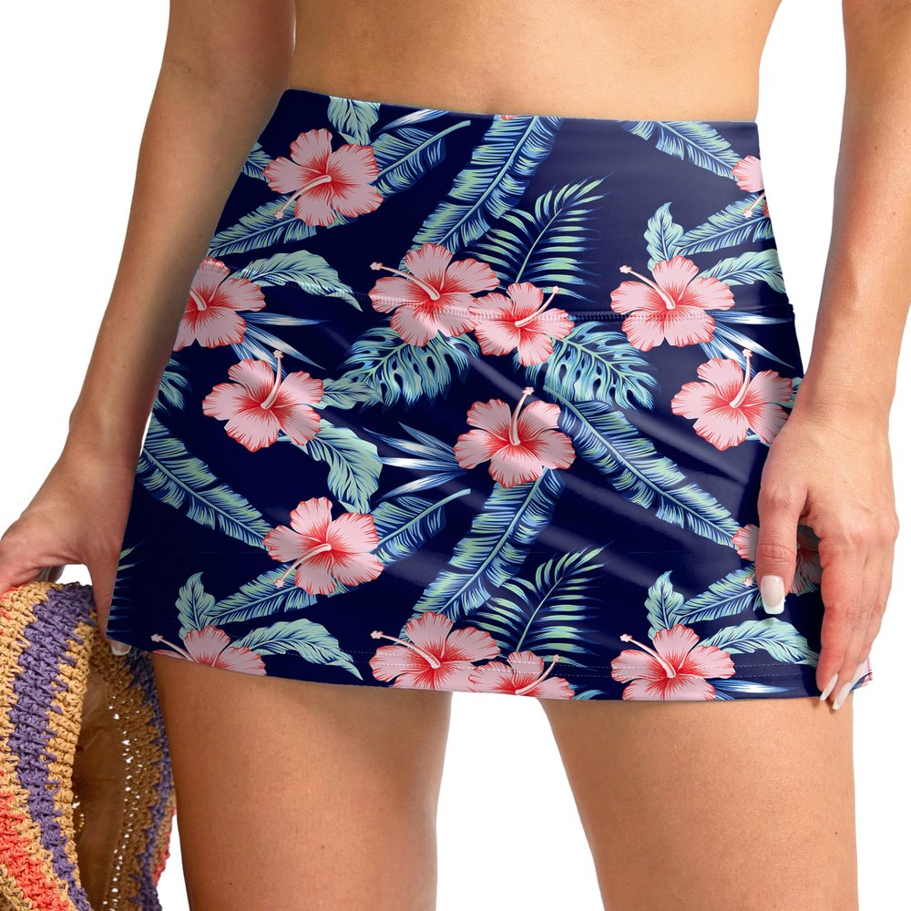 SANTINY Women's High Waisted Swim Skirt with Pocket Tummy Control Tankini Swimsuit Bathing Suit Bottoms for Women (Navy Flower_M)