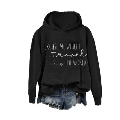 MOGUI Excuse Me While I Travel The World Shirt Excuse Me While I Travel The World Sweatshirt Women Fun Loose T-Shirt Long Sleeve Shirt Hoodie Black, Small