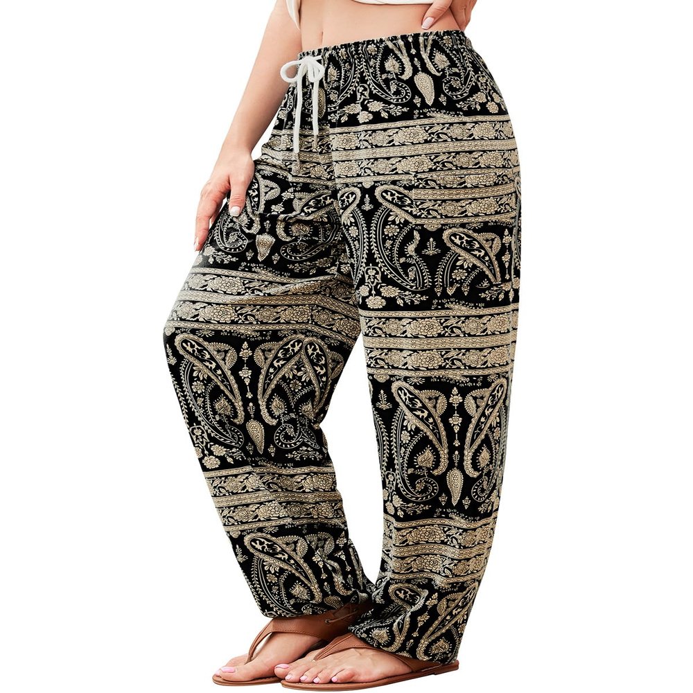 QIANXIZHAN Women's Harem Pants, Hippie Palazzo Pants Boho Joggers Yoga Clothes with Pockets Black Striped Flowe M