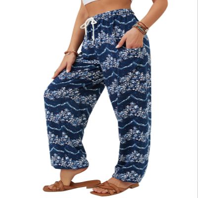 QIANXIZHAN Women's Harem Pants, Hippie Palazzo Pants Boho Joggers Yoga Clothes with Pockets RoyalBlue Flower 2XL