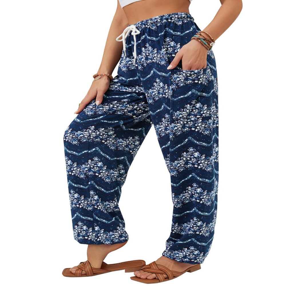 QIANXIZHAN Women's Harem Pants, Hippie Palazzo Pants Boho Joggers Yoga Clothes with Pockets RoyalBlue Flower 2XL