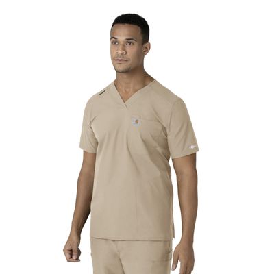 Carhartt Force Essentials Men's V-Neck Shirttail Scrub Top, Khaki, M