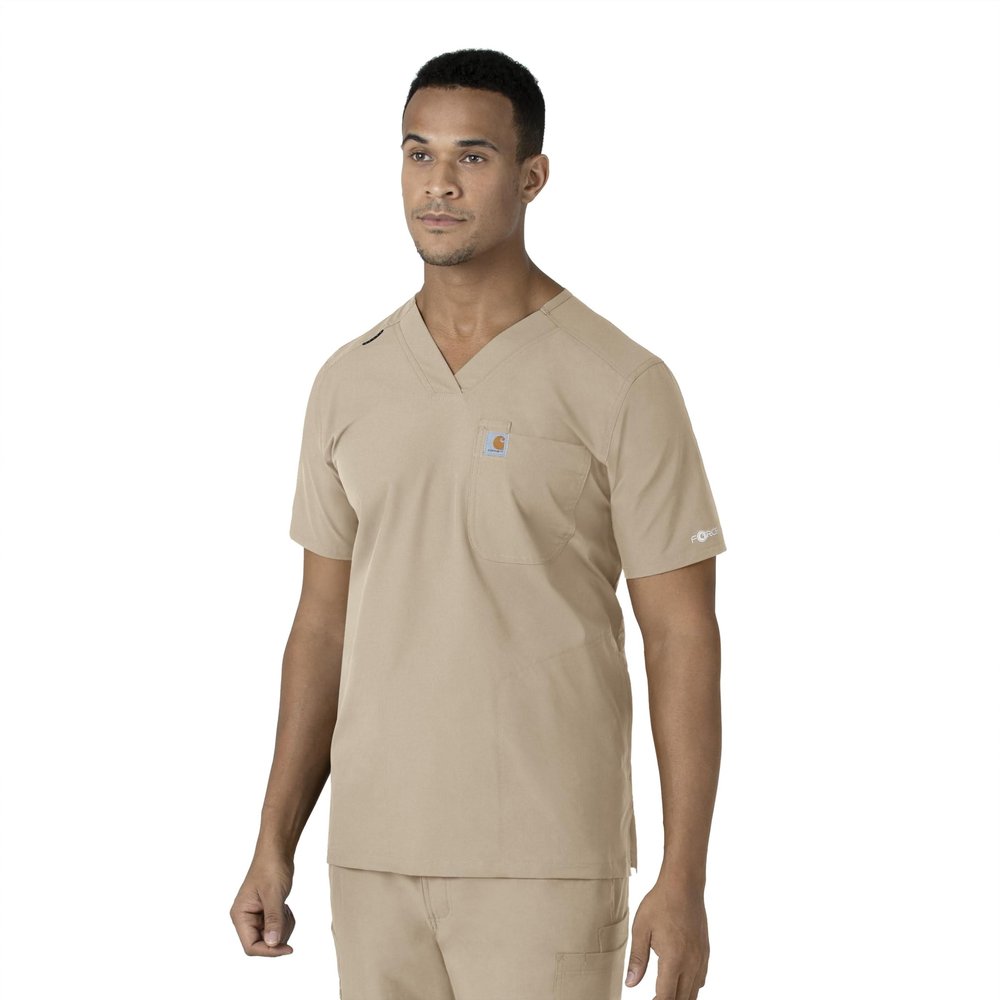 Carhartt Force Essentials Men's V-Neck Shirttail Scrub Top, Khaki, M