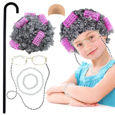 4E's Novelty Old Lady Costume for Kids - for 100 Day of School Grandma Costume for Girls, Wig, Cane Glasses Accessory for Toddlers age 3-10 (7 Pcs Set)