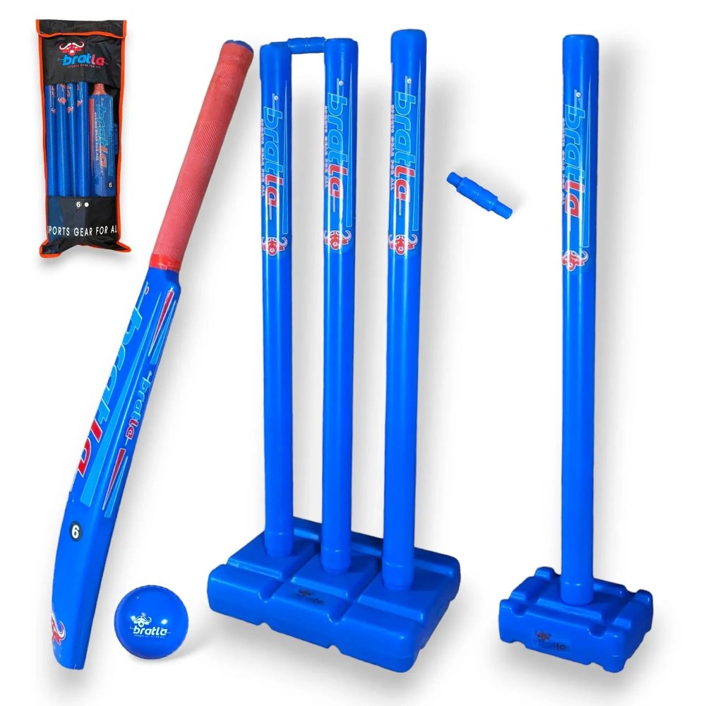 Bratla Plastic Cricket Set Size 6 - Blue Color | Backyard and Beach Set for Adults and Kids | Includes Bat, Wind Ball, Stumps, and Non-Striker Stump with Plastic Base