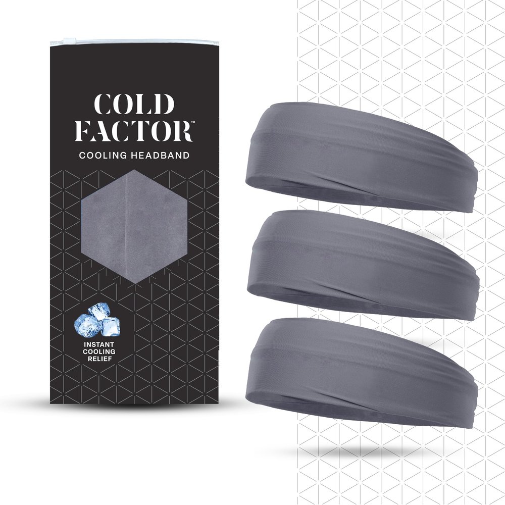 COLD FACTOR Cooling Headband for Women and Men UPF 50+ Advanced Evaporative Comfort, Instant Cooling Sweatband for Outdoor Sports, Fitness, Yoga, Hiking, Running, and Workout 3 Pack (Gray)