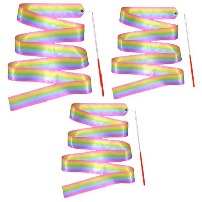 KRILLIQ Dance Ribbons 3 Pcs Rhythmic Gymnastics Ribbon Baton Twirling Streamers Fitness Swing Ribbon Rainbow Streamers for Kids Artistic Dancing for Exercise
