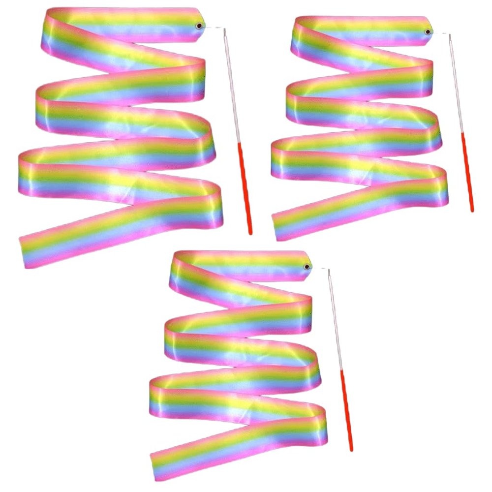 KRILLIQ Dance Ribbons 3 Pcs Rhythmic Gymnastics Ribbon Baton Twirling Streamers Fitness Swing Ribbon Rainbow Streamers for Kids Artistic Dancing for Exercise