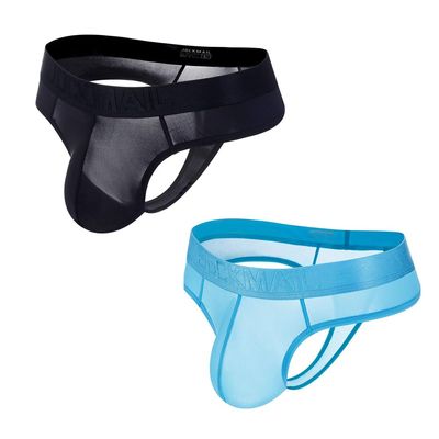 JOCKMAIL Men's Thong Underwear Sexy Jockstraps for Men Nylon Blend Ice Silk Underwear 2 Pack (US, Alpha, X-Large, Regular, Regular, black+sky blue)