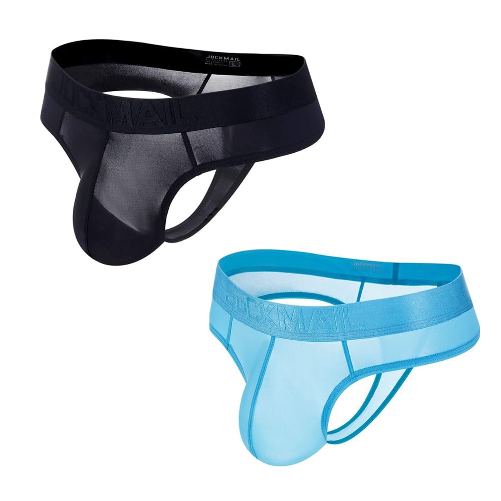 JOCKMAIL Men's Thong Underwear Sexy Jockstraps for Men Nylon Blend Ice Silk Underwear 2 Pack (US, Alpha, X-Large, Regular, Regular, black+sky blue)
