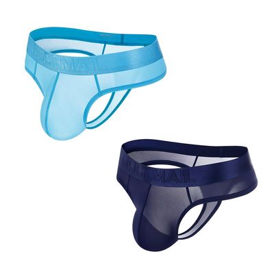 JOCKMAIL Men's Thong Underwear Sexy Jockstraps for Men Nylon Blend Ice Silk Underwear 2 Pack (US, Alpha, XX-Large, Regular, Regular, navy+sky blue)
