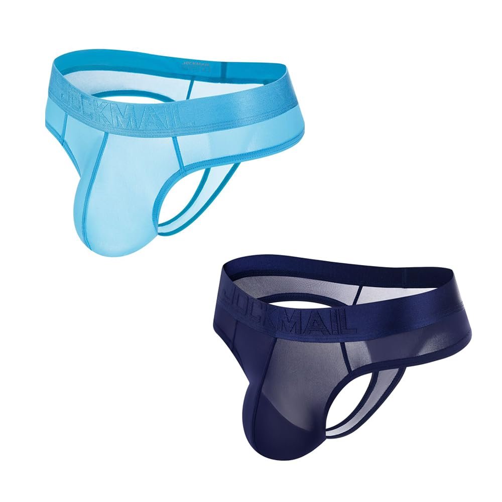 JOCKMAIL Men's Thong Underwear Sexy Jockstraps for Men Nylon Blend Ice Silk Underwear 2 Pack (US, Alpha, XX-Large, Regular, Regular, navy+sky blue)