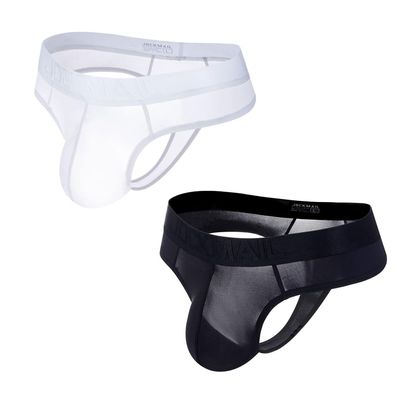 JOCKMAIL Men's Thong Underwear Sexy Jockstraps for Men Nylon Blend Ice Silk Underwear 2 Pack (US, Alpha, X-Large, Regular, Regular, black+white)