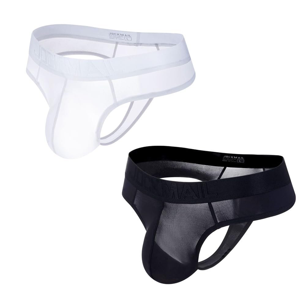 JOCKMAIL Men's Thong Underwear Sexy Jockstraps for Men Nylon Blend Ice Silk Underwear 2 Pack (US, Alpha, X-Large, Regular, Regular, black+white)