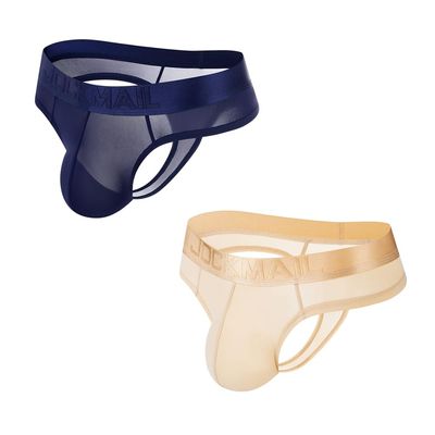 JOCKMAIL Men's Thong Underwear Sexy Jockstraps for Men Nylon Blend Ice Silk Underwear 2 Pack (US, Alpha, Large, Regular, Regular, navy+skin)