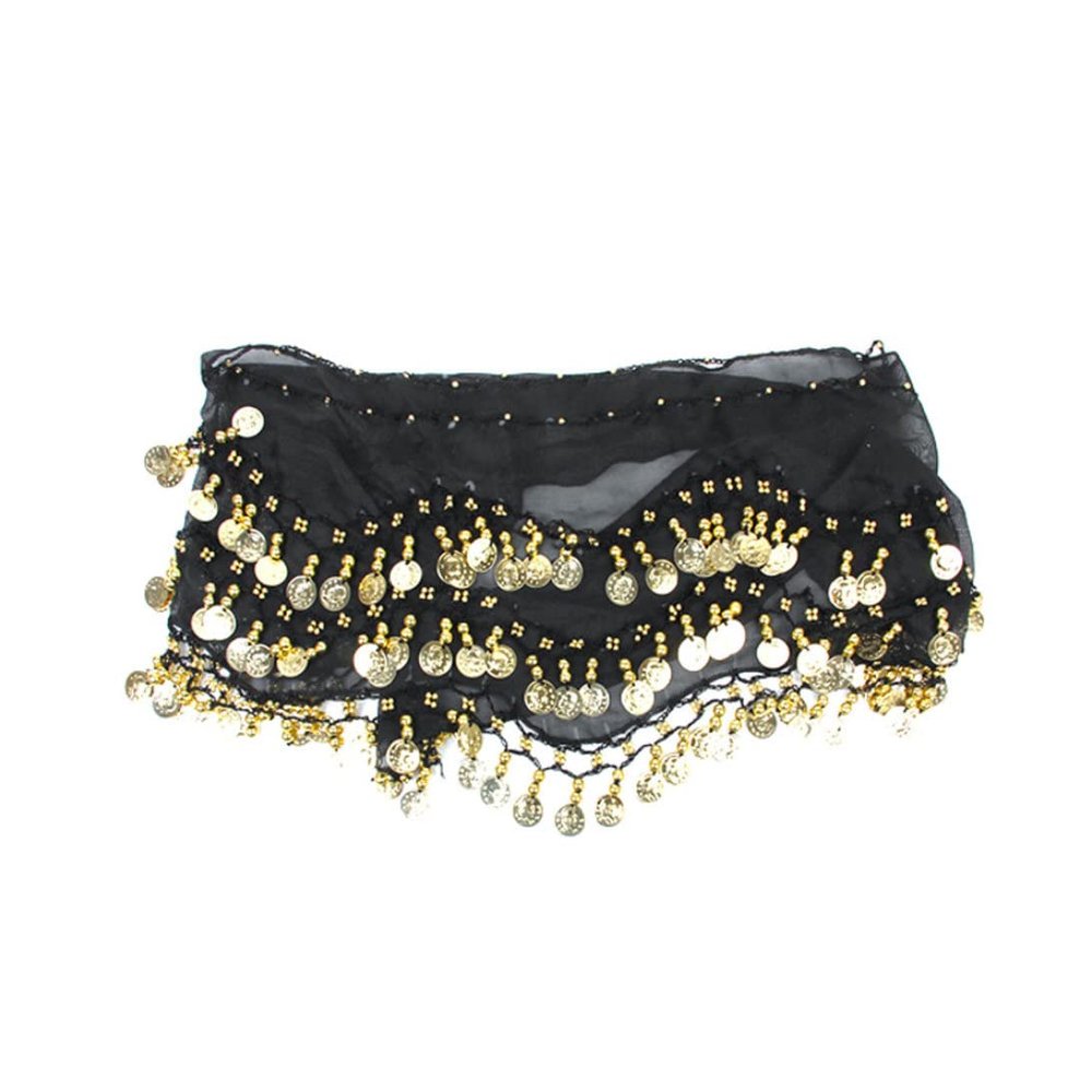 Belly Dance Belt, Scarf Belly Dance Waist Chain Belt with Girls Women's Shape Skirts Dancing Costume Gold Skirts, Black