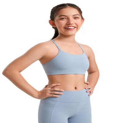 CRZ YOGA Girls Butterluxe Y Back Sports Bra - Yoga Athletic Casual Tops Scoop Neck Spaghetti Strap Padded Crop Kids Teen Cambric Blue X-Large