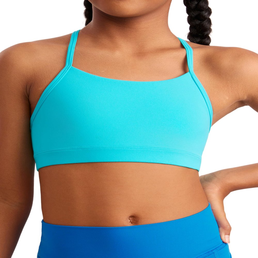 CRZ YOGA Girls Butterluxe Y Back Sports Bra - Yoga Athletic Casual Tops Scoop Neck Spaghetti Strap Padded Crop Kids Teen Spectral Blue X-Large