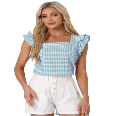 Allegra K Gingham Tops for Women Summer Ruffle Cap Sleeve Square Neck Plaid Blouses Shirt Summer Outfits X-Small Lake Blue