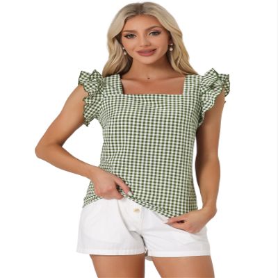 Allegra K Gingham Tops for Women Summer Ruffle Cap Sleeve Square Neck Plaid Blouses Shirt Summer Outfits Large Dark Green