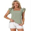 Allegra K Gingham Tops for Women Summer Ruffle Cap Sleeve Square Neck Plaid Blouses Shirt Summer Outfits Large Dark Green view 1