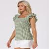 Allegra K Gingham Tops for Women Summer Ruffle Cap Sleeve Square Neck Plaid Blouses Shirt Summer Outfits Large Dark Green view 4
